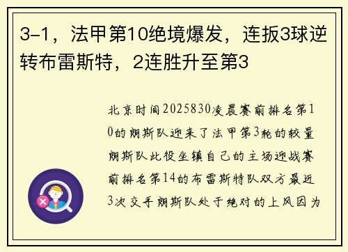 3-1，法甲第10绝境爆发，连扳3球逆转布雷斯特，2连胜升至第3